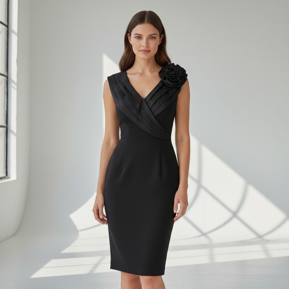 Vintage Tadashi Collection Black Silk Portrait Collar Rosette Cocktail Dress XS